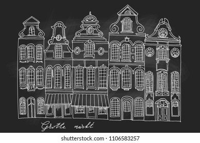 Vector sketch of Traditional architecture in the town of Bruges (Brugge), Belgium. Retro Style.