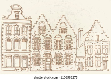 Vector sketch of Traditional architecture in the town of Bruges (Brugge), Belgium. Retro Style.