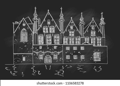 Vector sketch of Traditional architecture in the town of Bruges (Brugge), Belgium. Retro Style.