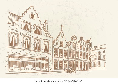 Vector sketch of Traditional architecture in the town of Bruges (Brugge), Belgium