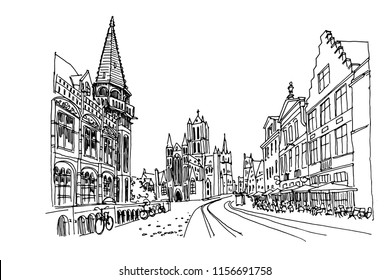 Vector sketch of Traditional architecture in the town of Ghent, Belgium