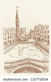 Vector sketch of Traditional architecture in the town of Bruges (Brugge), Belgium