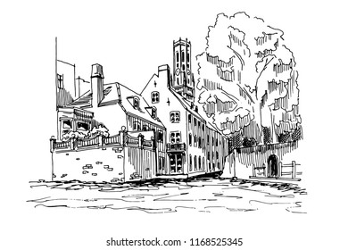 Vector sketch of Traditional architecture in the town of Bruges (Brugge), Belgium
