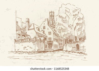 Vector sketch of Traditional architecture in the town of Bruges (Brugge), Belgium
