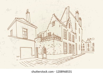 Vector sketch of Traditional architecture in the town of Bruges (Brugge), Belgium. Retro style.