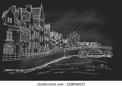 Vector sketch of Traditional architecture in the town of Bruges (Brugge), Belgium. Retro style.