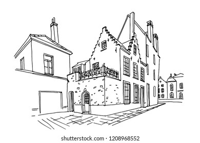 Vector sketch of Traditional architecture in the town of Bruges (Brugge), Belgium