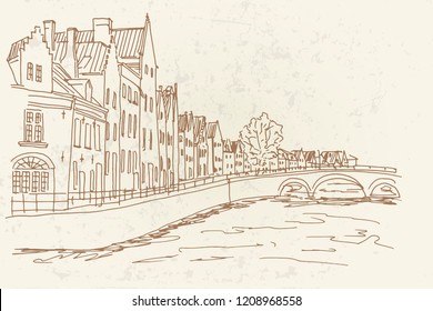 Vector sketch of Traditional architecture in the town of Bruges (Brugge), Belgium. Retro style.