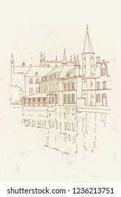Vector sketch of Traditional architecture in the town of Bruges (Brugge), Belgium. Retro style.