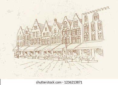 Vector sketch of Traditional architecture in the town of Bruges (Brugge), Belgium