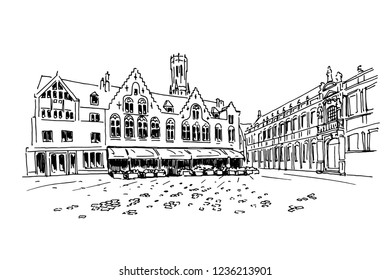 Vector sketch of Traditional architecture in the town of Bruges (Brugge), Belgium