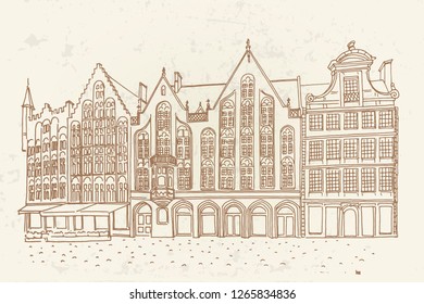 Vector sketch of Traditional architecture in the town of Bruges (Brugge), Belgium