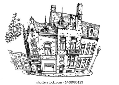 Vector sketch of Traditional architecture in the town of Bruges (Brugge), Belgium