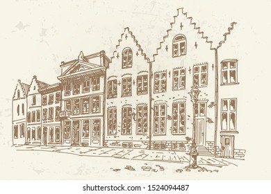 Vector sketch of Traditional architecture in the town of Bruges (Brugge), Belgium