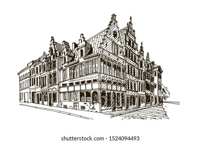 Vector sketch of Traditional architecture in the town of Bruges (Brugge), Belgium