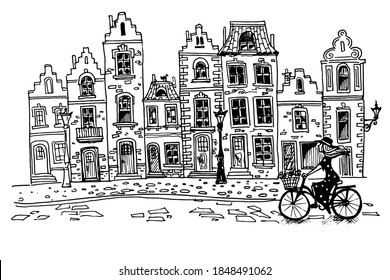Vector sketch of Traditional architecture in the town of Bruges (Brugge), Belgium