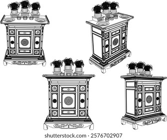 vector sketch of traditional ethnic vintage classic worship wooden table furniture offering