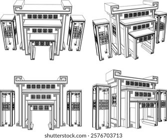 vector sketch of traditional ethnic vintage classic worship wooden table furniture offering