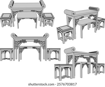 vector sketch of traditional ethnic vintage classic worship wooden table furniture offering