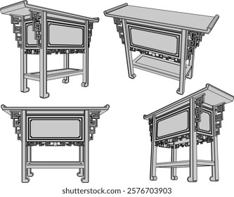 vector sketch of traditional ethnic vintage classic worship wooden table furniture offering