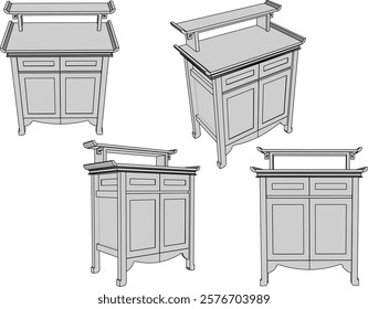 vector sketch of traditional ethnic vintage classic worship wooden table furniture offering