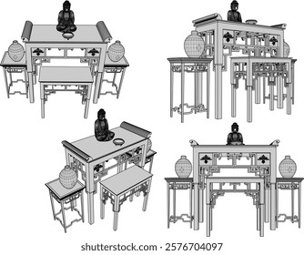 vector sketch of traditional ethnic vintage classic worship wooden table furniture offering