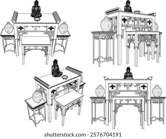 vector sketch of traditional ethnic vintage classic worship wooden table furniture offering