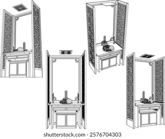 vector sketch of traditional ethnic vintage classic worship wooden table furniture offering