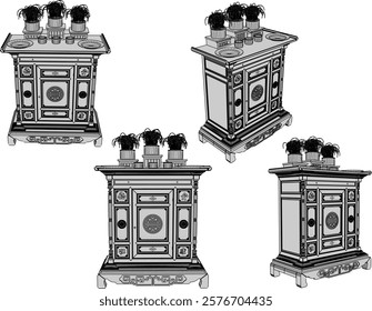 vector sketch of traditional ethnic vintage classic worship wooden table furniture offering