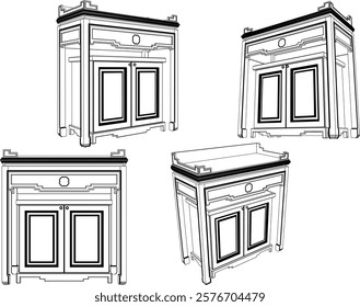 vector sketch of traditional ethnic vintage classic worship wooden table furniture offering