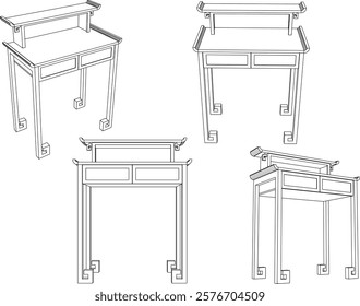 vector sketch of traditional ethnic vintage classic worship wooden table furniture offering