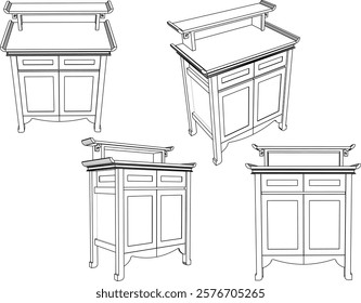 vector sketch of traditional ethnic vintage classic worship wooden table furniture offering