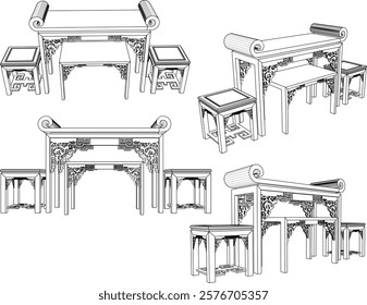 vector sketch of traditional ethnic vintage classic worship wooden table furniture offering