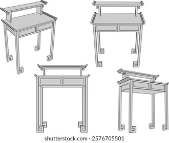 vector sketch of traditional ethnic vintage classic worship wooden table furniture offering