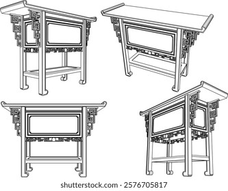 vector sketch of traditional ethnic vintage classic worship wooden table furniture offering