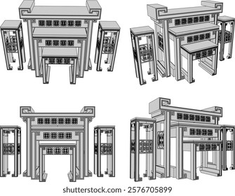 vector sketch of traditional ethnic vintage classic worship wooden table furniture offering