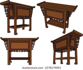 vector sketch of traditional ethnic vintage classic worship wooden table furniture offering