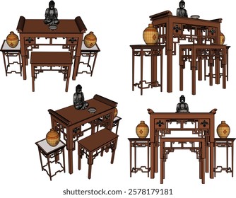 vector sketch of traditional ethnic vintage classic worship wooden table furniture offering 