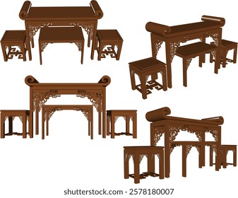 vector sketch of traditional ethnic vintage classic worship wooden table furniture offering