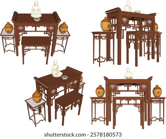 vector sketch of traditional ethnic vintage classic worship wooden table furniture offering