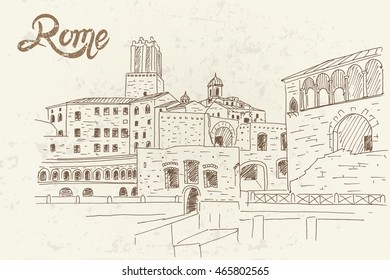 vector sketch of Trajan's Market (Mercati Traianei). Rome. Italy. Retro style.