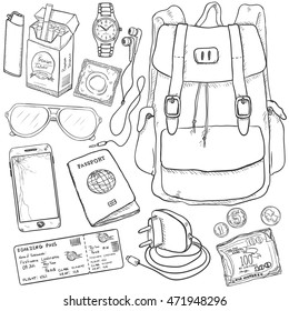 Vector Sketch Travel Set. Backpack, Ticket, Charger, Money, Passport, Cell Phone, Sunglasses, Condom, Cigarettes, Lighter, Watches, Headphones.