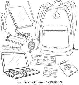 Vector Sketch Travel Set. Backpack, Ticket, Passport, Bank Card, Laptop, Glasses, Watch, Smartphone, USB-wire, Headphones, Notepad, Pencil.