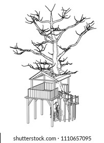 Vector sketch tree house on the white background. Vector architectural illustration