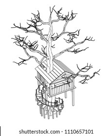 Vector sketch tree house on the white background. Vector architectural illustration