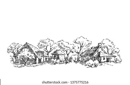 Vector sketch of trees and plants. Hand drawn vector landscape.