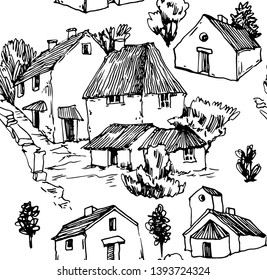 Vector sketch of trees and plants. Hand drawn vector landscape. Seamless patterin.