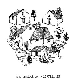 Vector sketch of trees and plants. Hand drawn vector landscape.