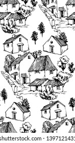 Vector sketch of trees and plants. Hand drawn vector landscape. Seamless patterin.