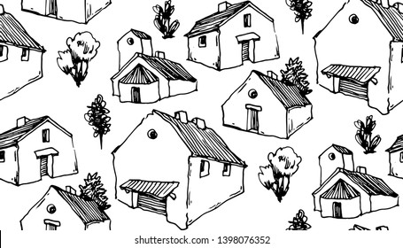 Vector sketch of trees and plants. Hand drawn vector landscape. Seamless patterin.
